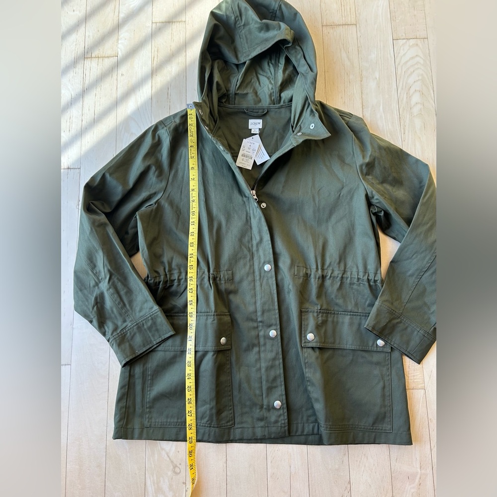 J. Crew Resin Coated Cotton Twill Hooded Women’s Jacket Loden Green Large NWT - Picture 5 of 16